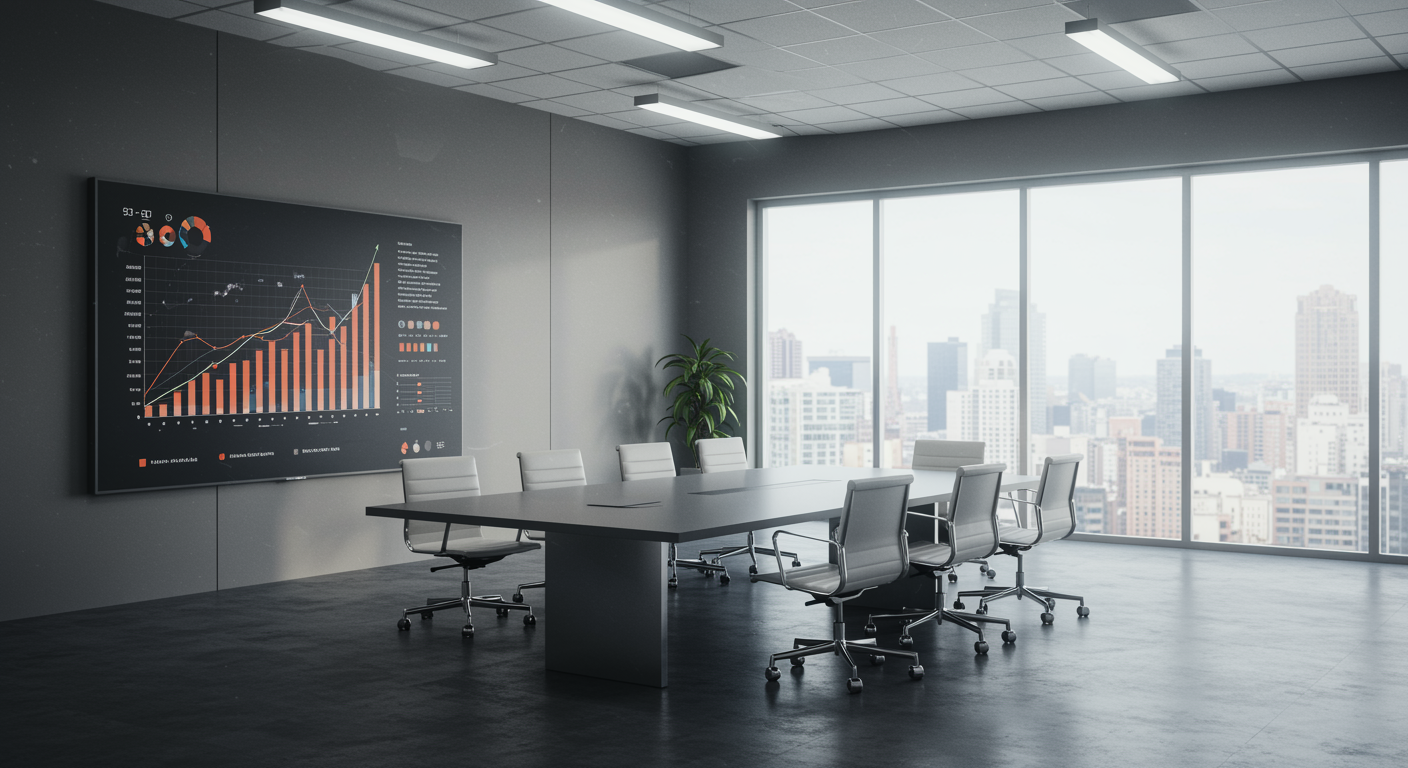 Bright, modern marketing agency conference room featuring analytics dashboard on digital display, designed to represent professional lead generation and answer engine optimization services