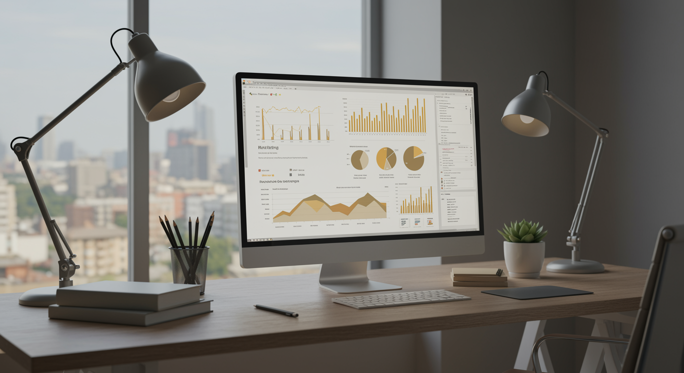 Modern marketing agency workspace with organized desk and digital lead generation dashboard