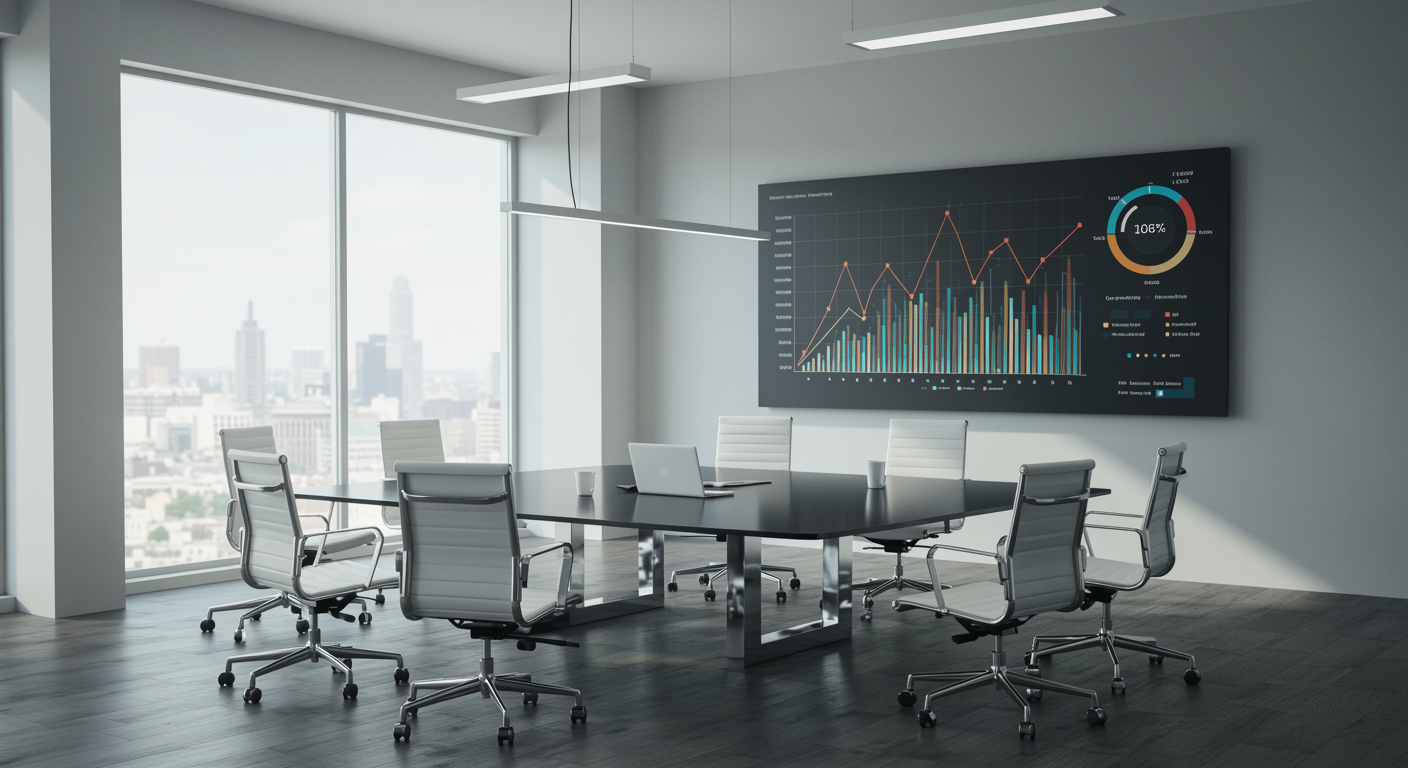 Modern marketing agency office with a glass conference table and digital analytics screen, representing professional lead generation services