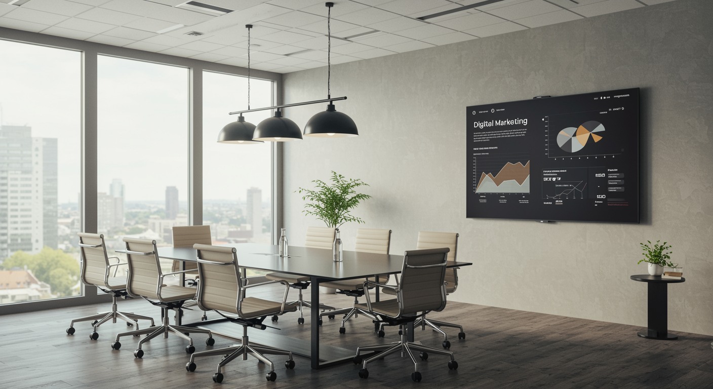 Modern office meeting room featuring digital marketing analytics on screen, representing professional lead generation marketing agency services