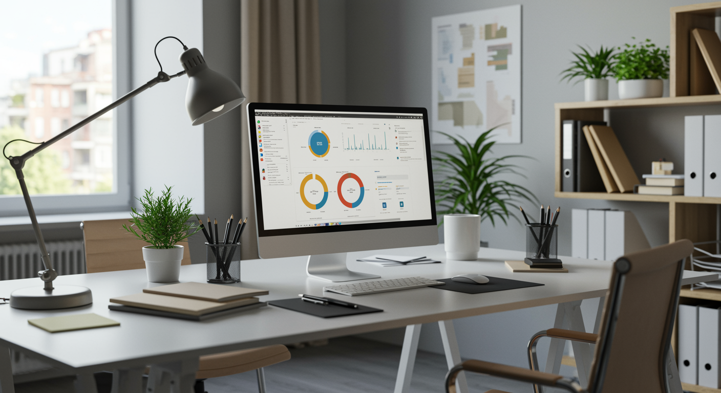 Modern lead generation agency office with organized desk, analytics dashboard, and natural lighting