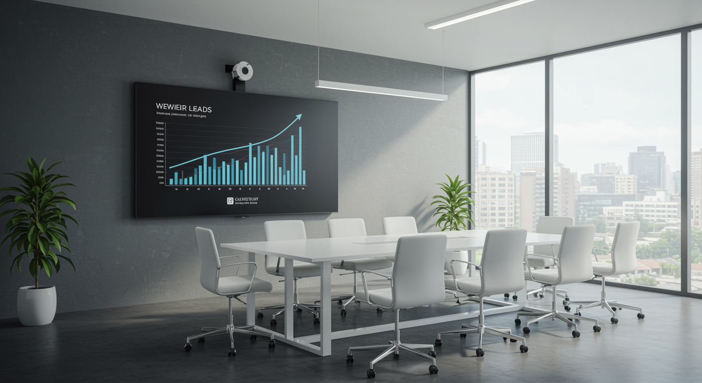 Modern marketing agency office with digital display visualizing successful lead generation, featuring a bright and clean professional setting