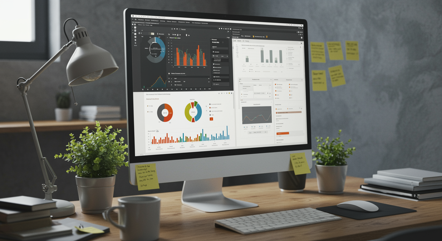 Modern marketing agency workspace featuring a computer with a digital dashboard, representing professional content writing and lead generation services
