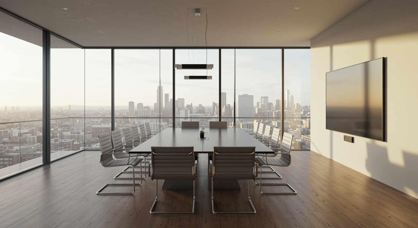 Modern marketing agency conference room with bright natural light and minimalist decor, representing professional lead generation services