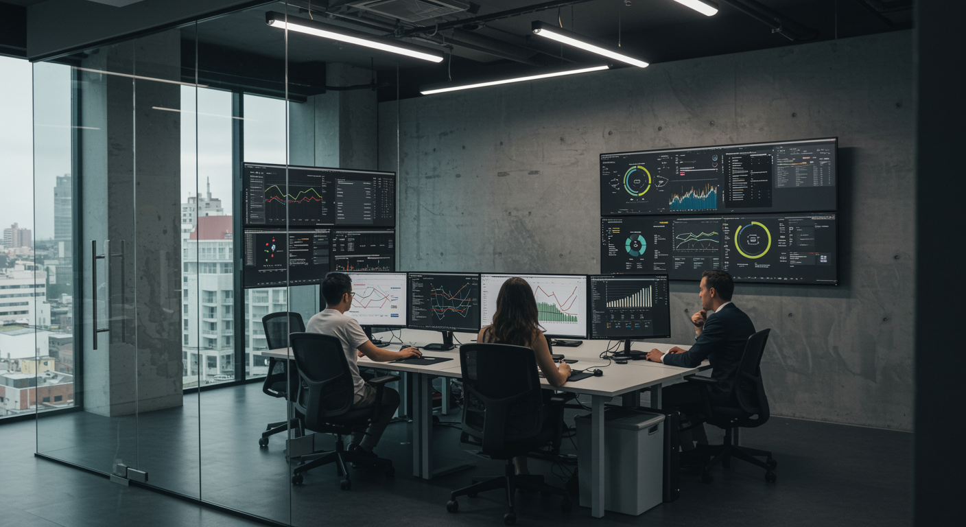 Professional lead generation agency office interior with modern workstations and digital analytics displays