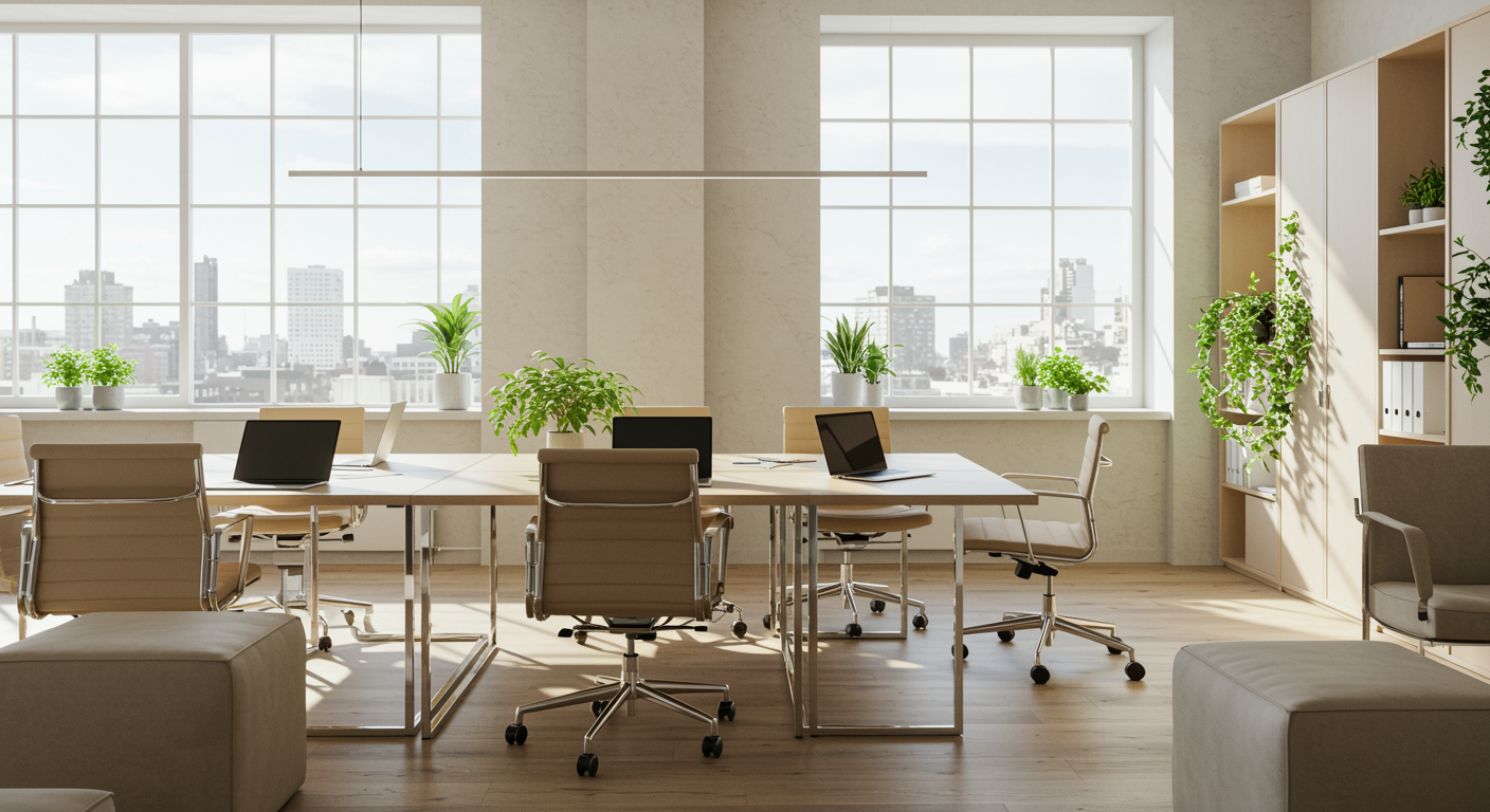 Modern marketing agency workspace with open laptops on collaborative desks and natural light, representing pay per click advertising services for a lead generation agency