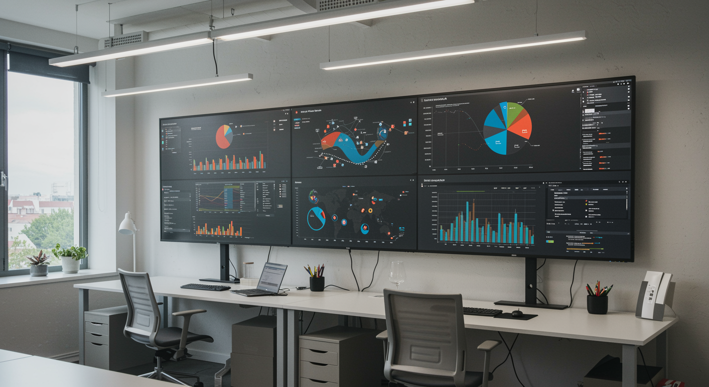 Contemporary digital marketing agency workspace featuring large screens with analytics dashboards, highlighting Lead Generation Marketing Agency expertise