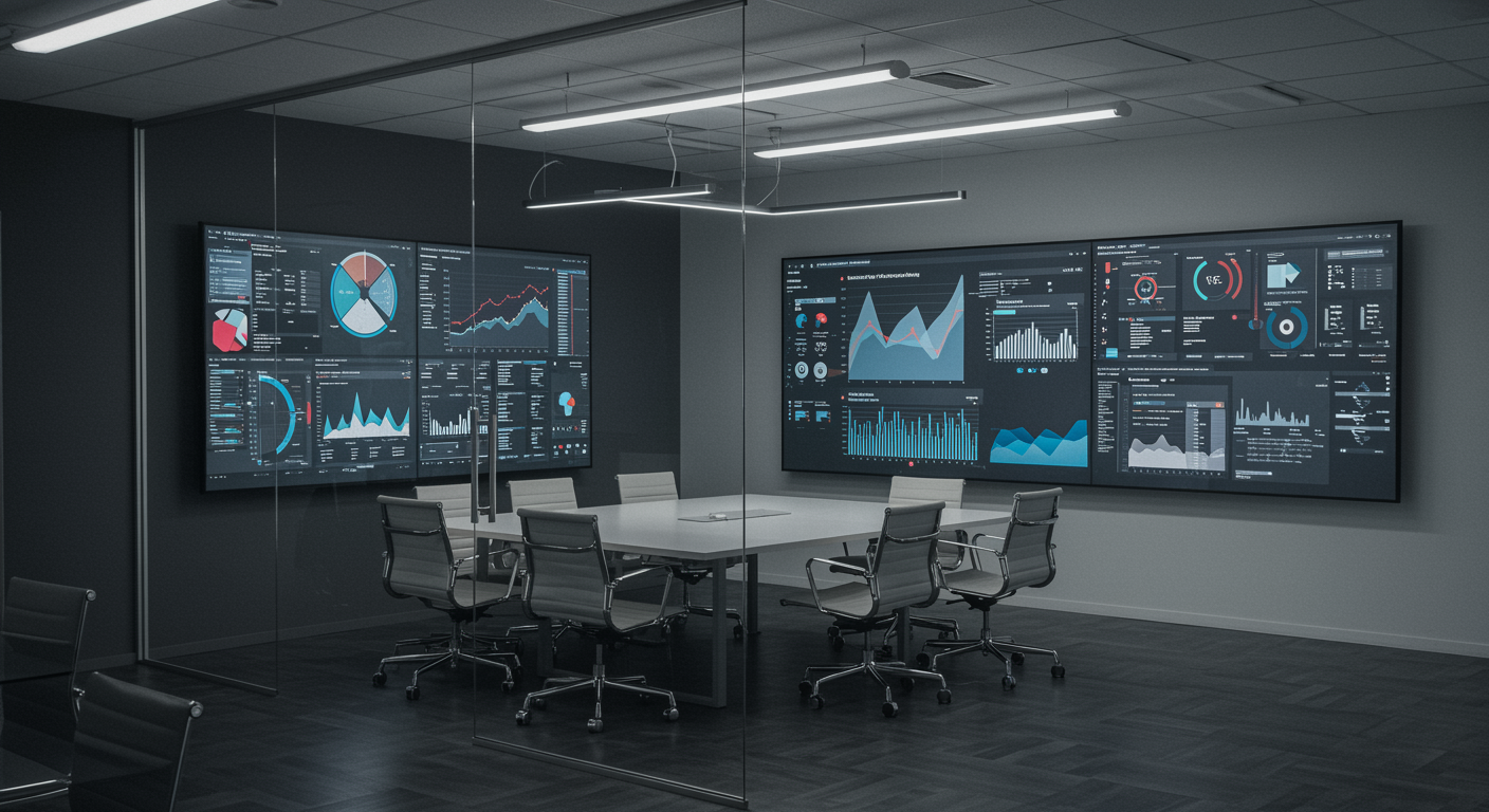 Modern marketing agency conference room with glass walls and digital screens displaying lead generation and SEO analytics