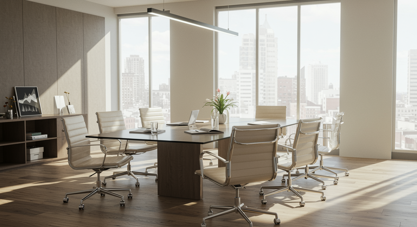 Bright modern office meeting room with glass conference table and digital marketing materials, representing lead generation and SEO services