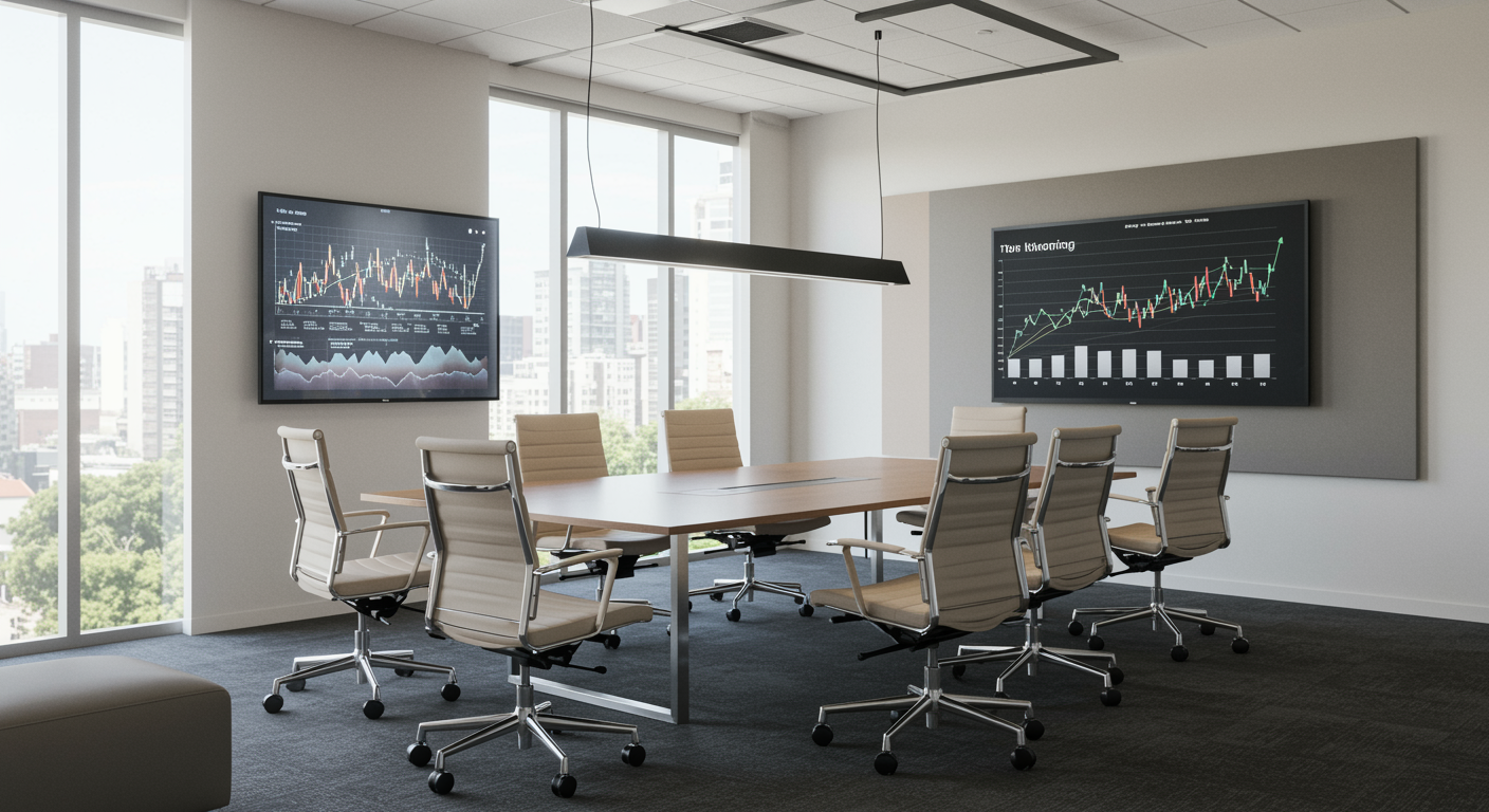 Professional modern office conference room with digital screens showing successful lead generation results for a marketing agency