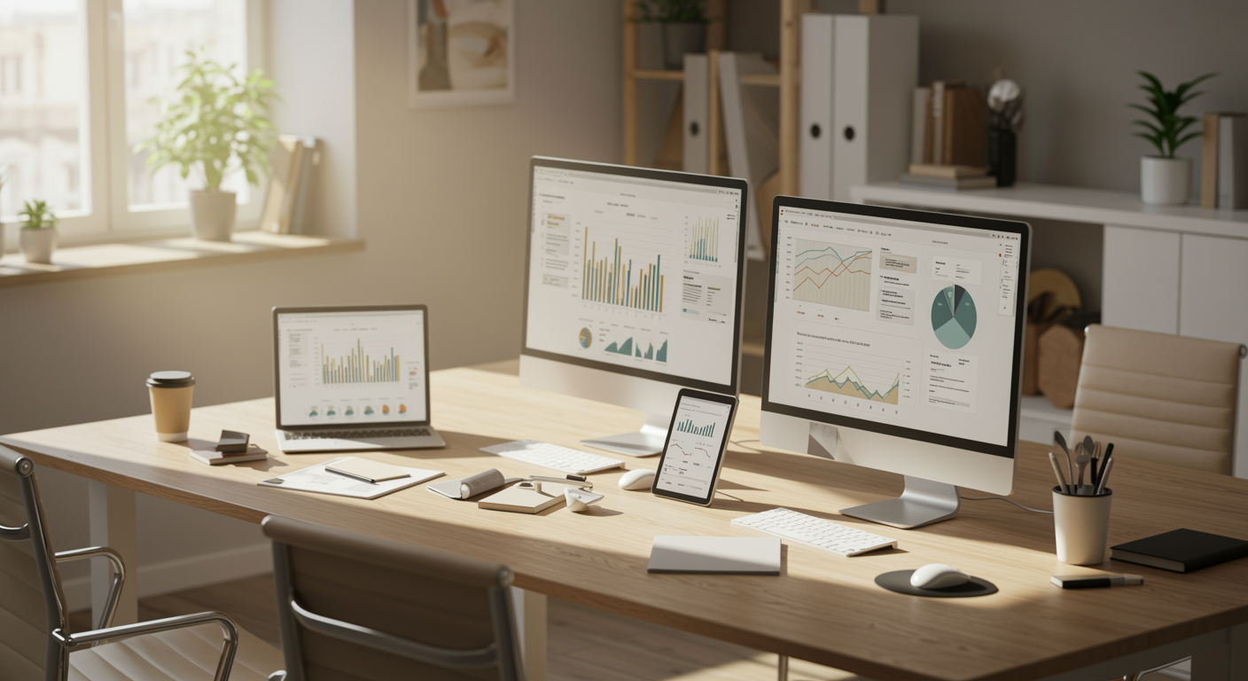 Modern marketing agency office workspace with digital dashboards and reports for lead generation services