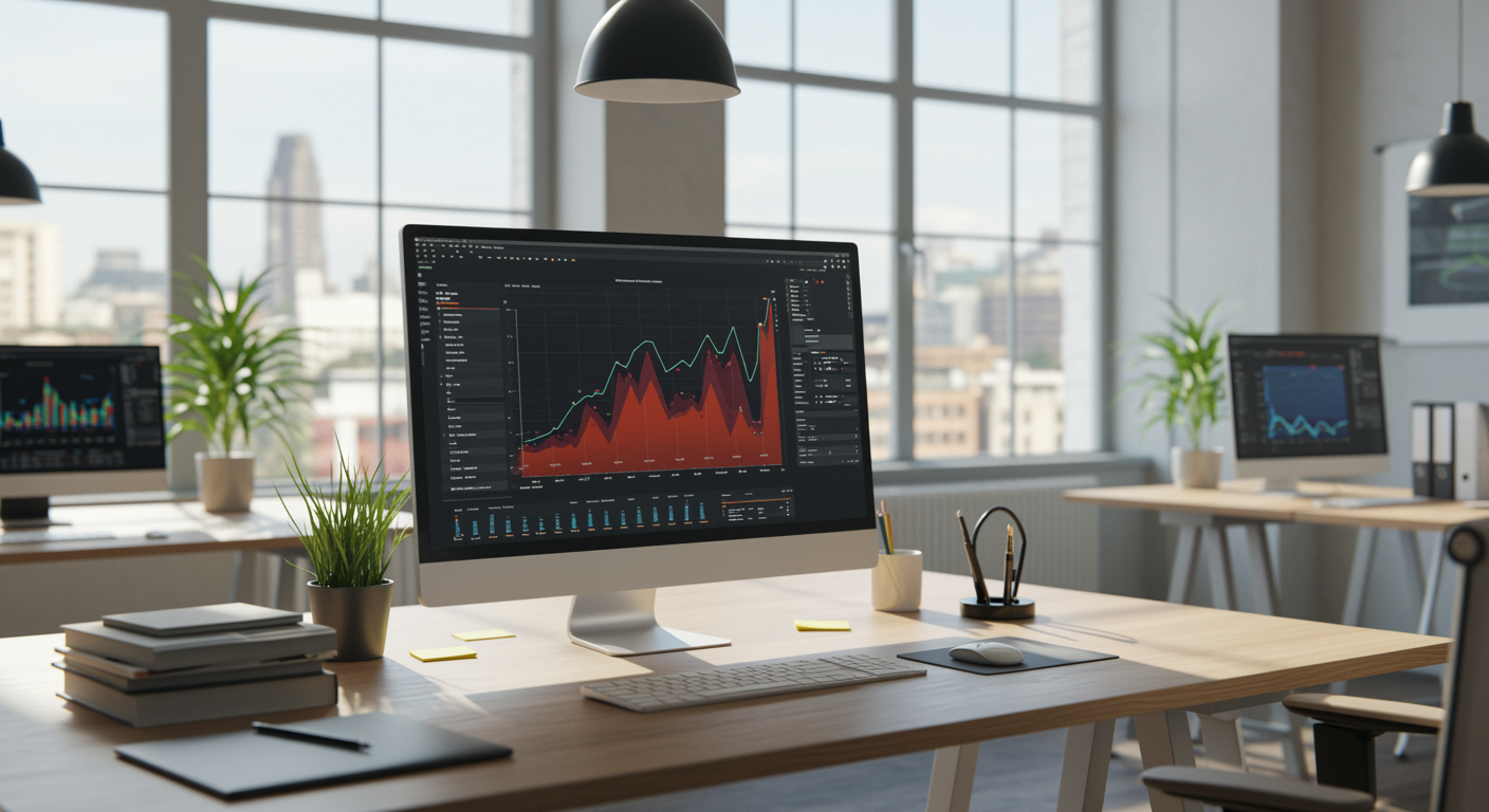 Professional marketing agency office with computer showing analytics dashboard, bright workspace, and modern decor