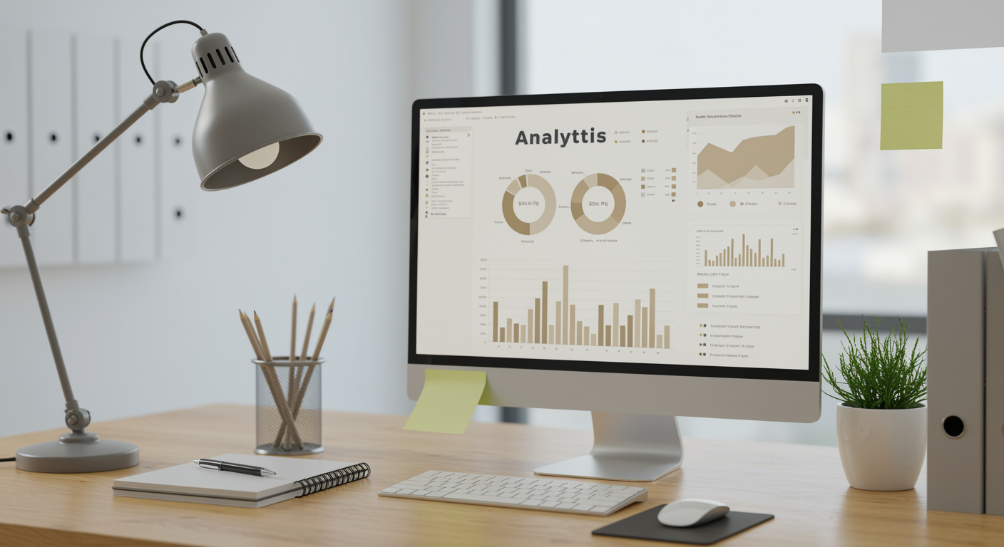 modern lead generation marketing agency office workspace with computer showing analytics, emphasizing professional SEO and online marketing services