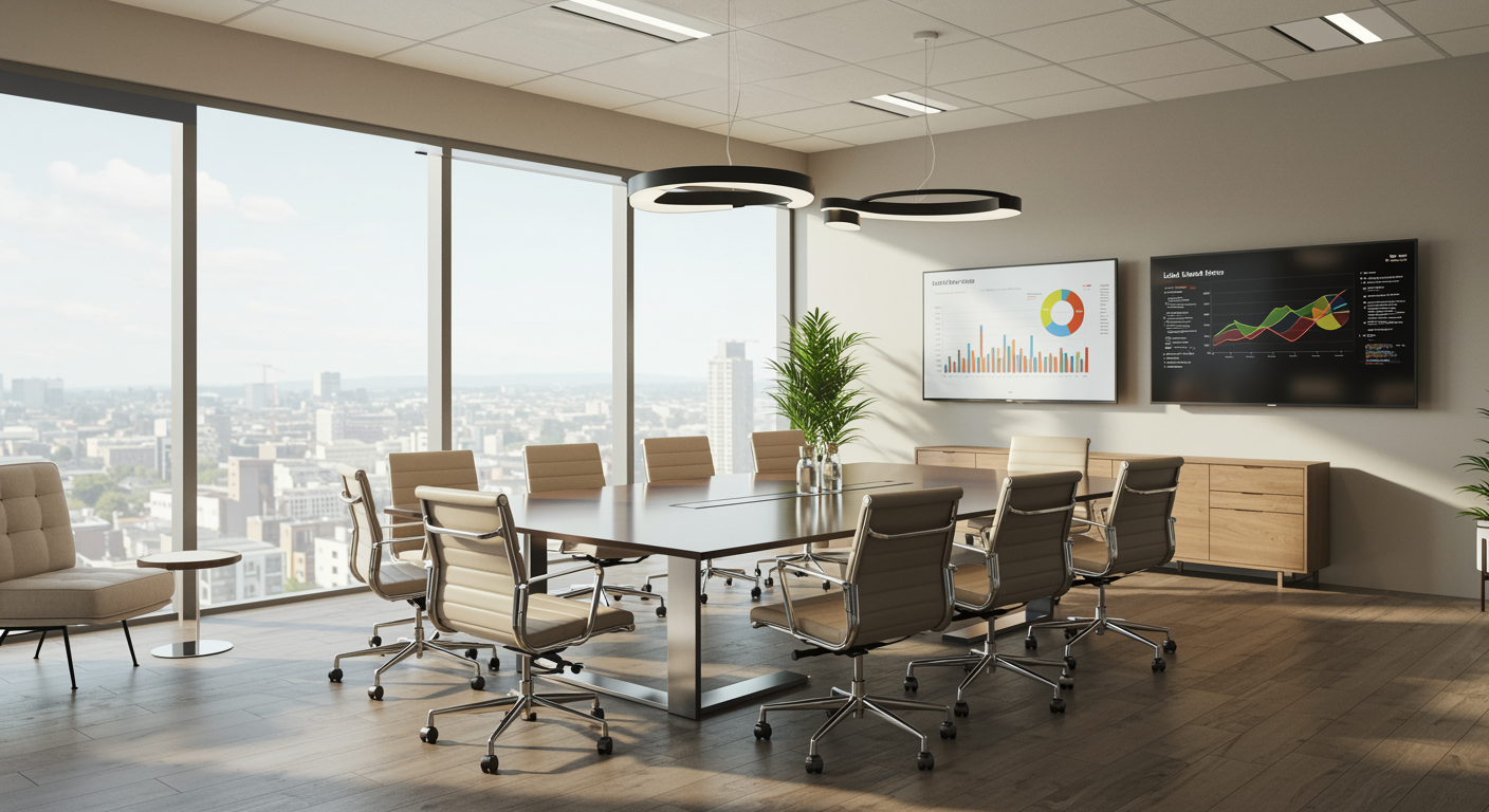 Contemporary office meeting room with glass table and digital marketing analytics screens for lead generation marketing agency