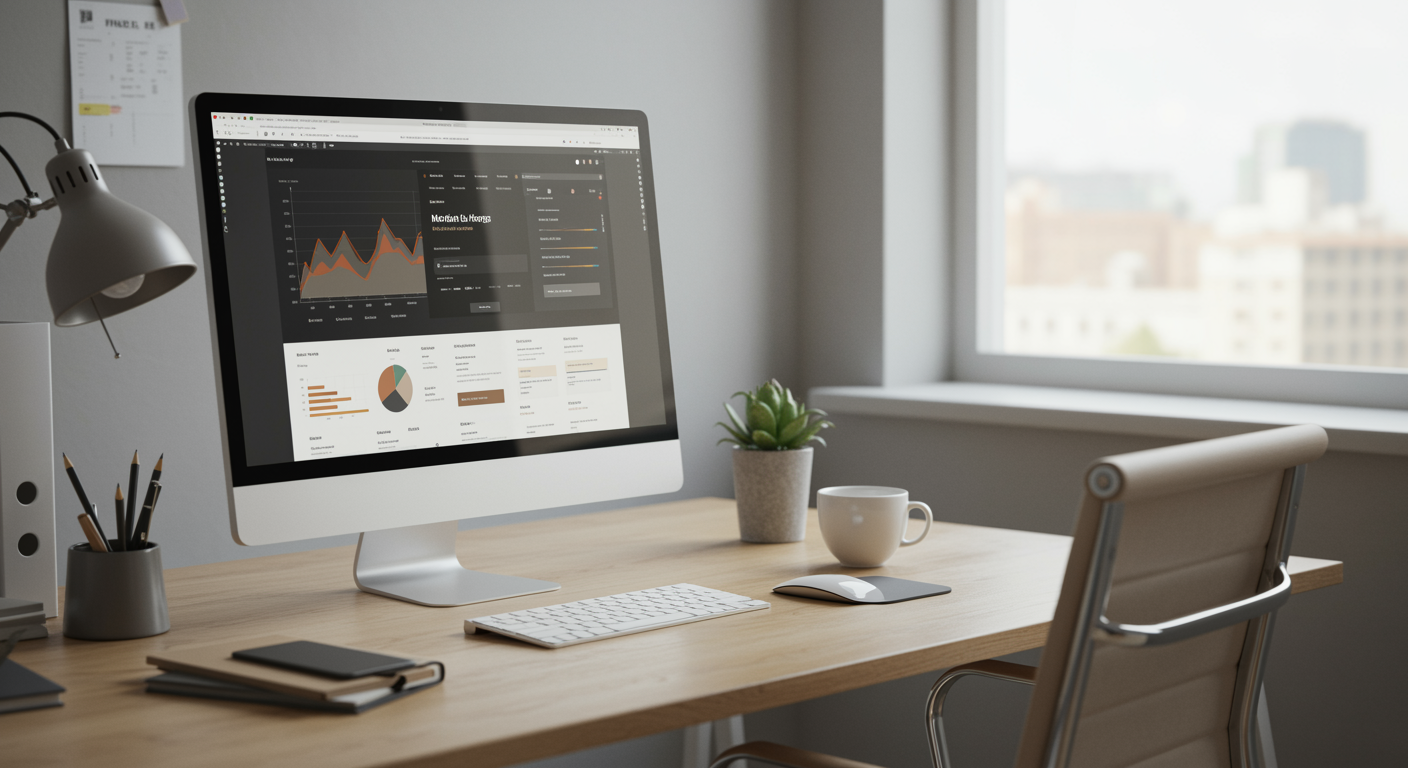 Modern marketing agency office with computer showing website design and analytics dashboard on desk