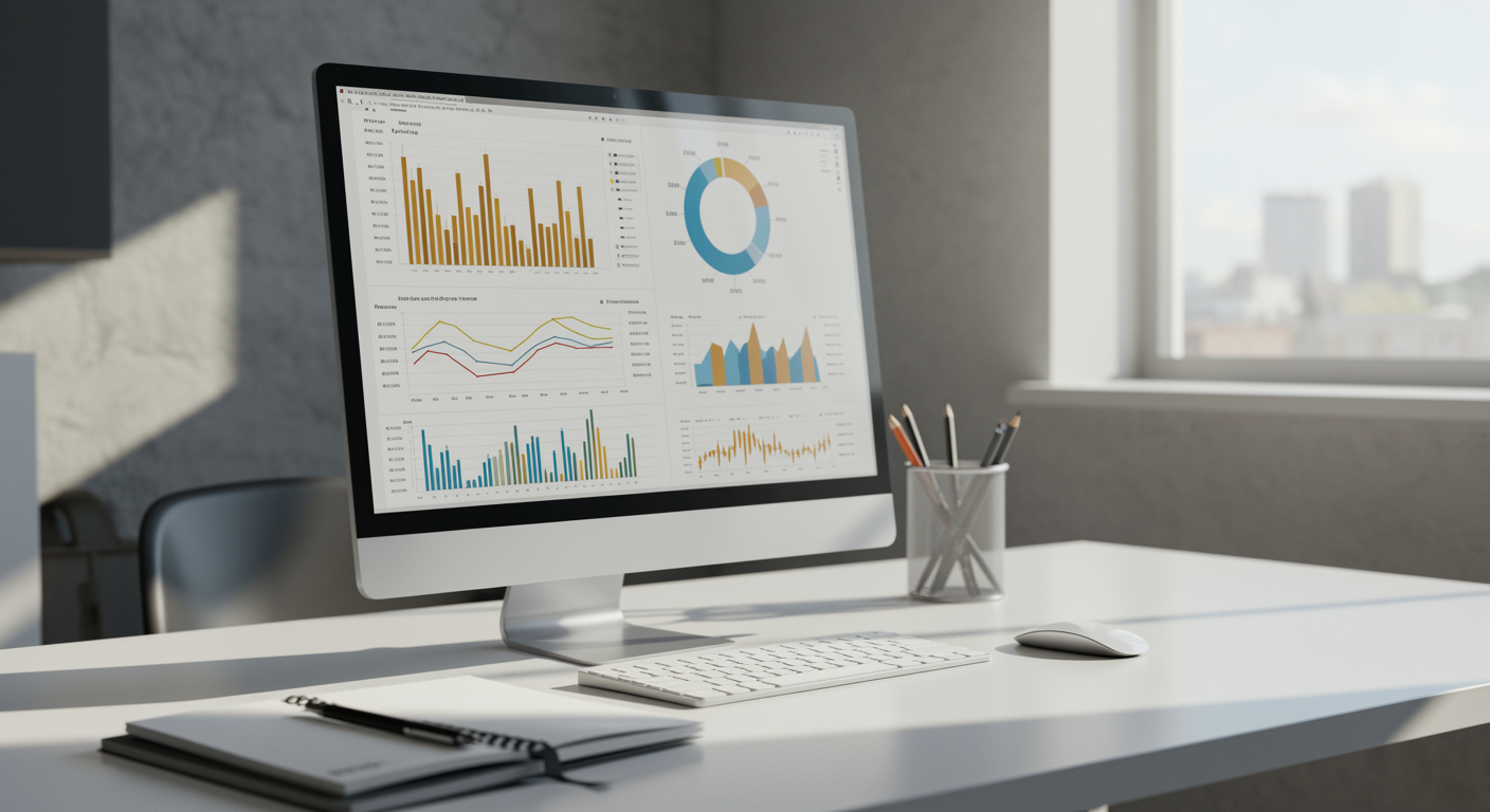 Contemporary office scene with a computer showing digital marketing analytics, representing professional answer engine optimization services by a lead generation marketing agency