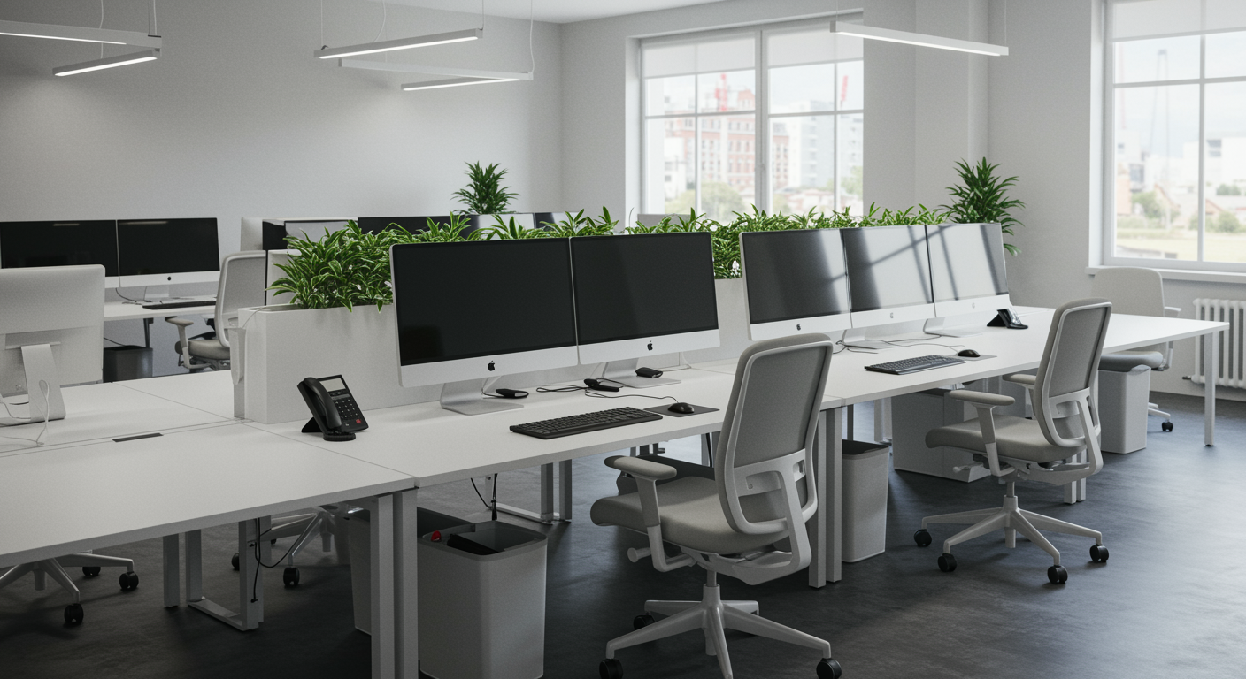 Modern, professional office with organized workstations and stylish décor representing a lead generation marketing agency