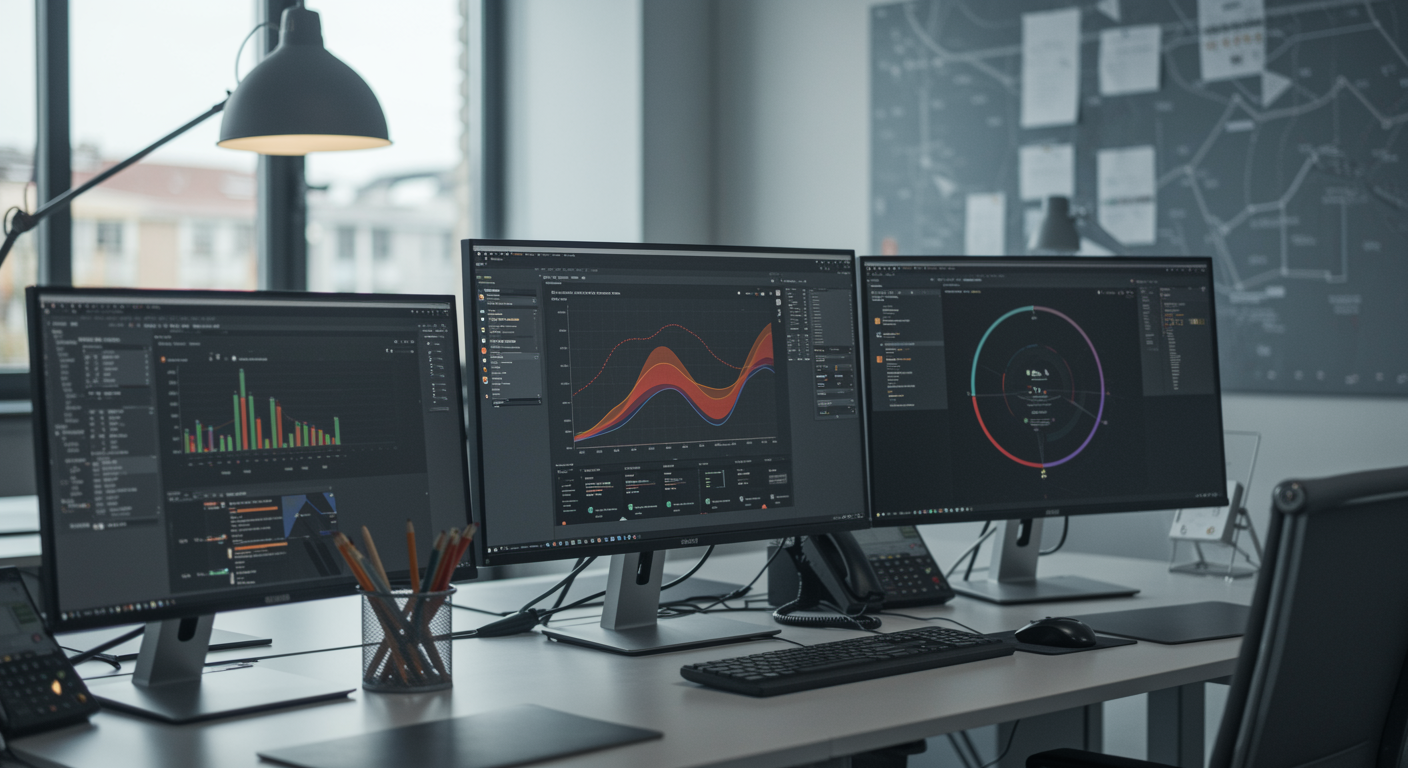 Modern lead generation marketing agency workspace with digital analytics displays and clean office decor