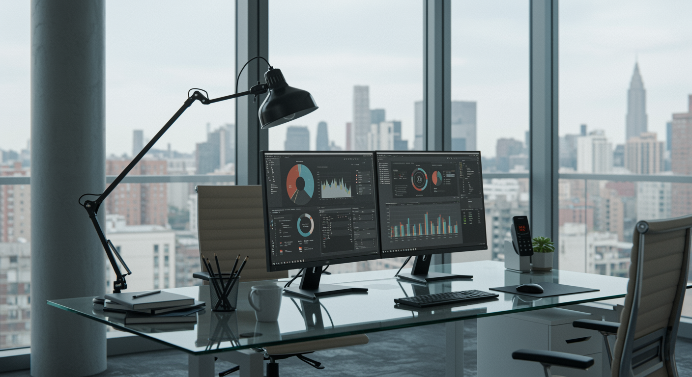 Modern lead generation marketing agency office workspace with digital marketing analytics displayed on monitors, organized and bright with natural light