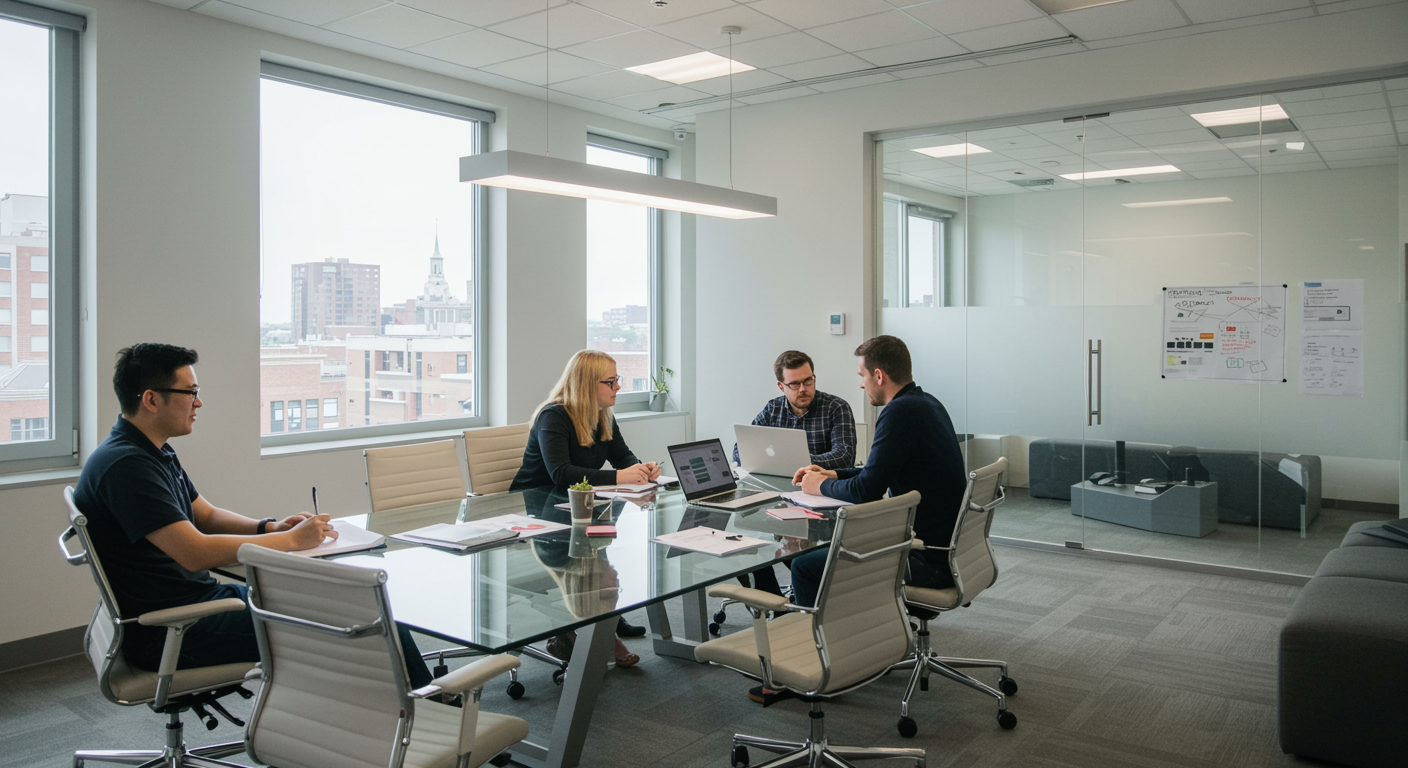 Modern marketing agency office with organized workspace and digital screens, showcasing a lead generation marketing environment