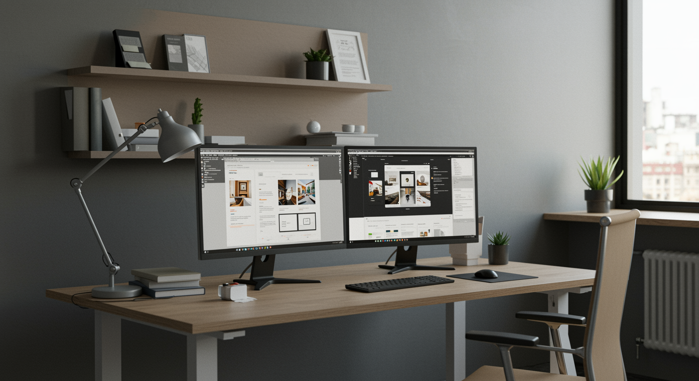 Modern office workspace with dual monitors showcasing professional web design for a lead generation marketing agency