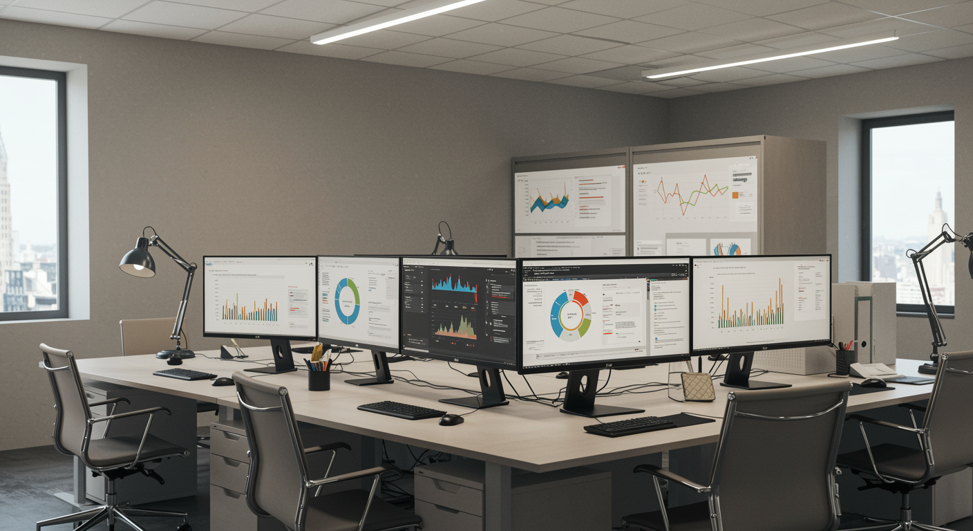 Professional lead generation marketing agency office featuring clean workstations and digital strategy dashboards, illustrating answer engine optimization services