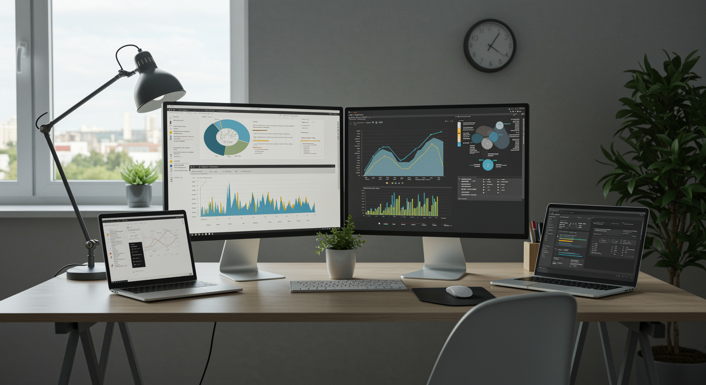 Modern lead generation agency office with digital marketing dashboards, bright workspace, and minimal decor