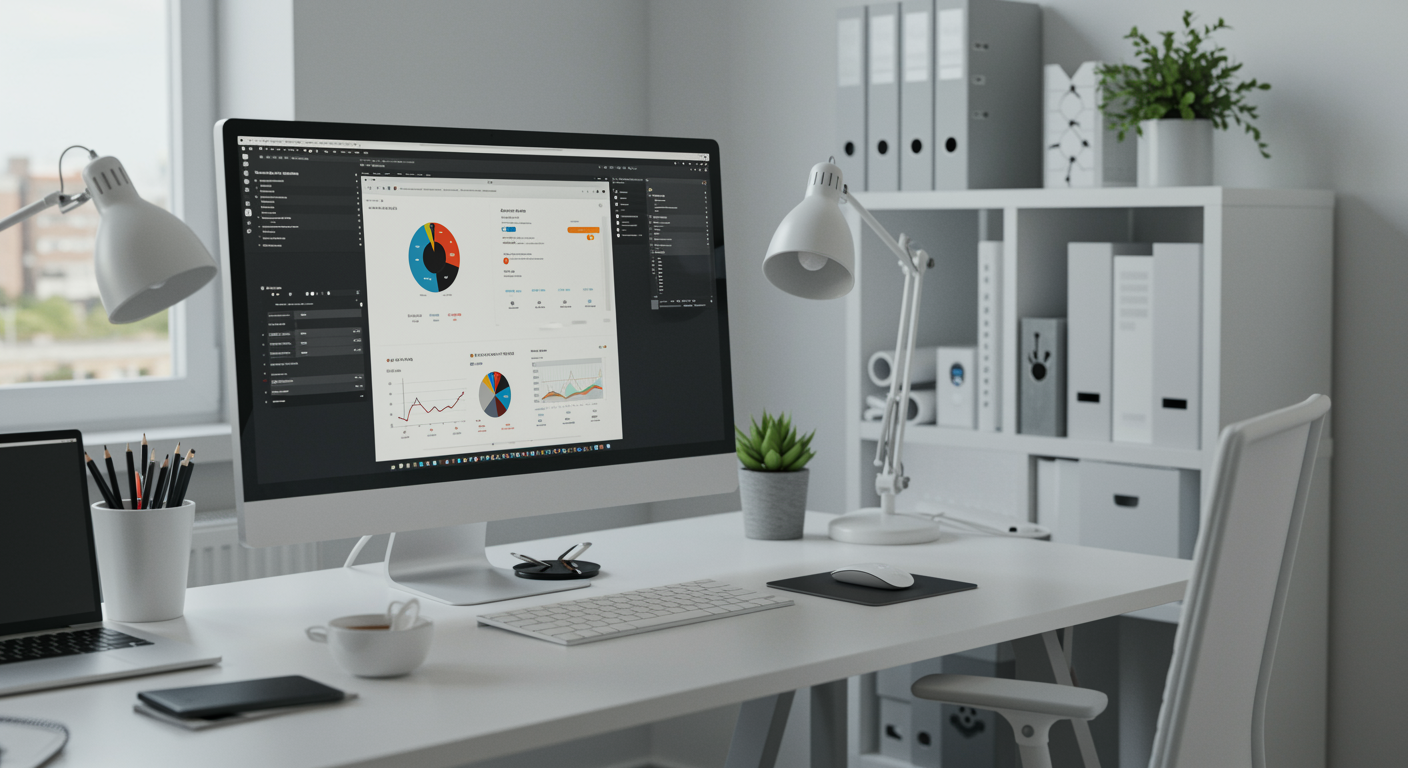 Modern lead generation agency office with website analytics dashboard and professional workspace