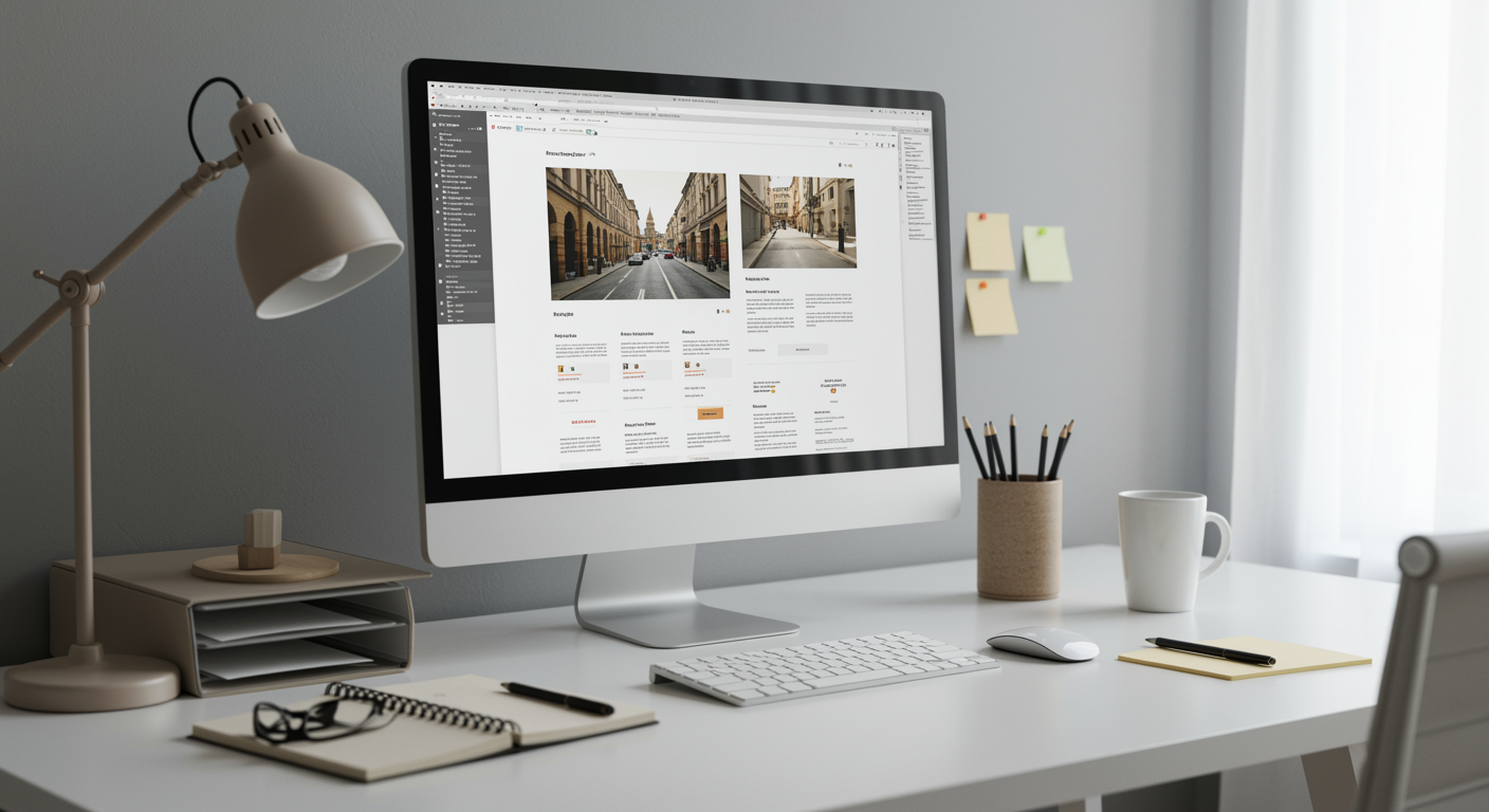 Professional office desk with computer showing modern web design for a lead generation marketing agency, clean and organized workspace with neutral colors