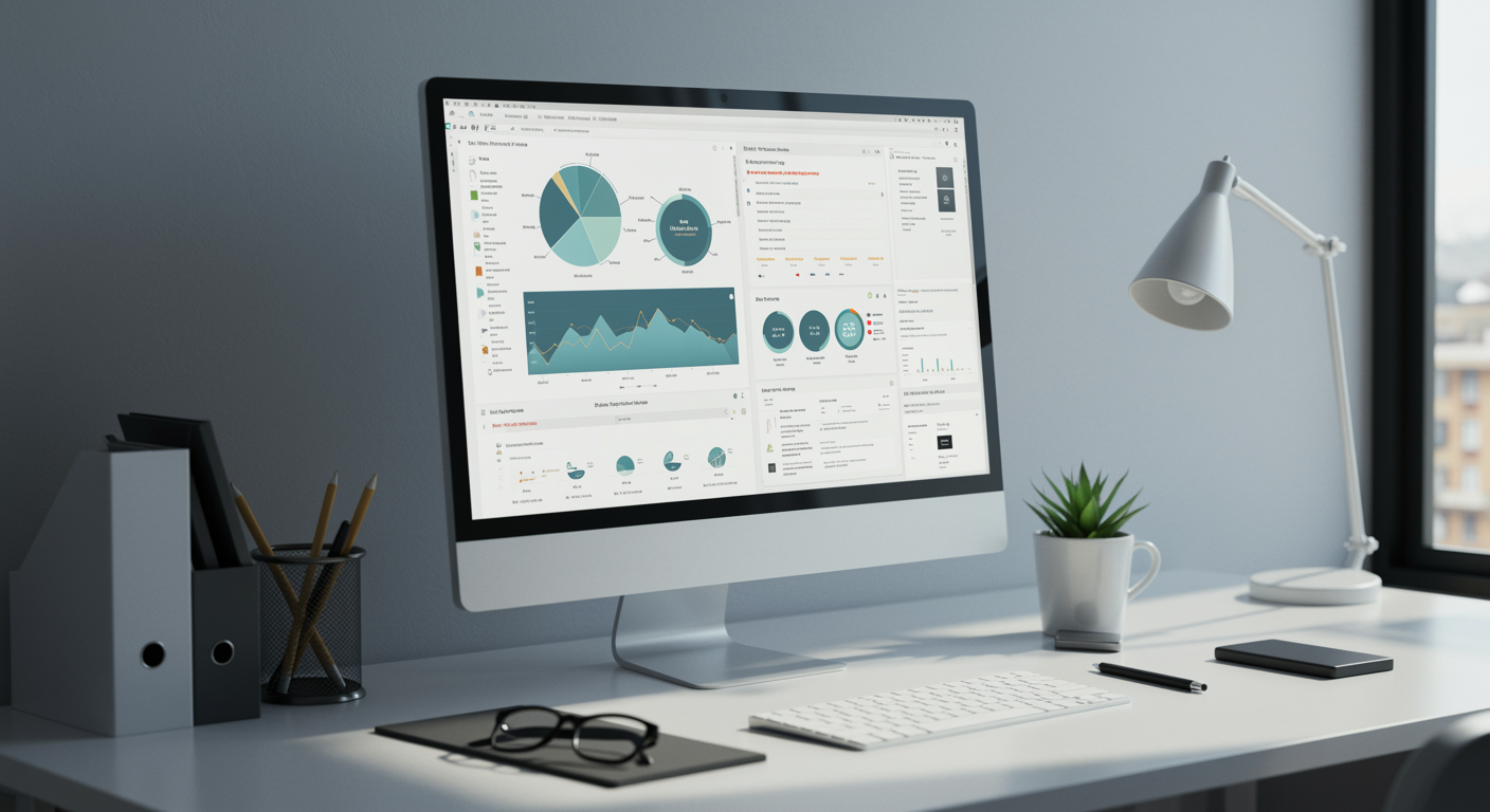 Modern lead generation agency office workspace with computer displaying digital marketing dashboard, natural lighting and professional atmosphere