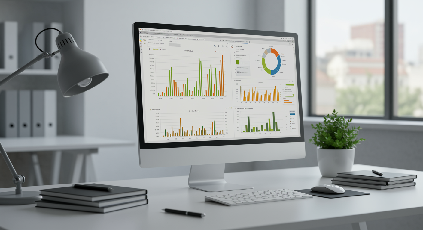 Modern, organized digital marketing agency workspace with analytics dashboard on screen showcasing professional lead generation services