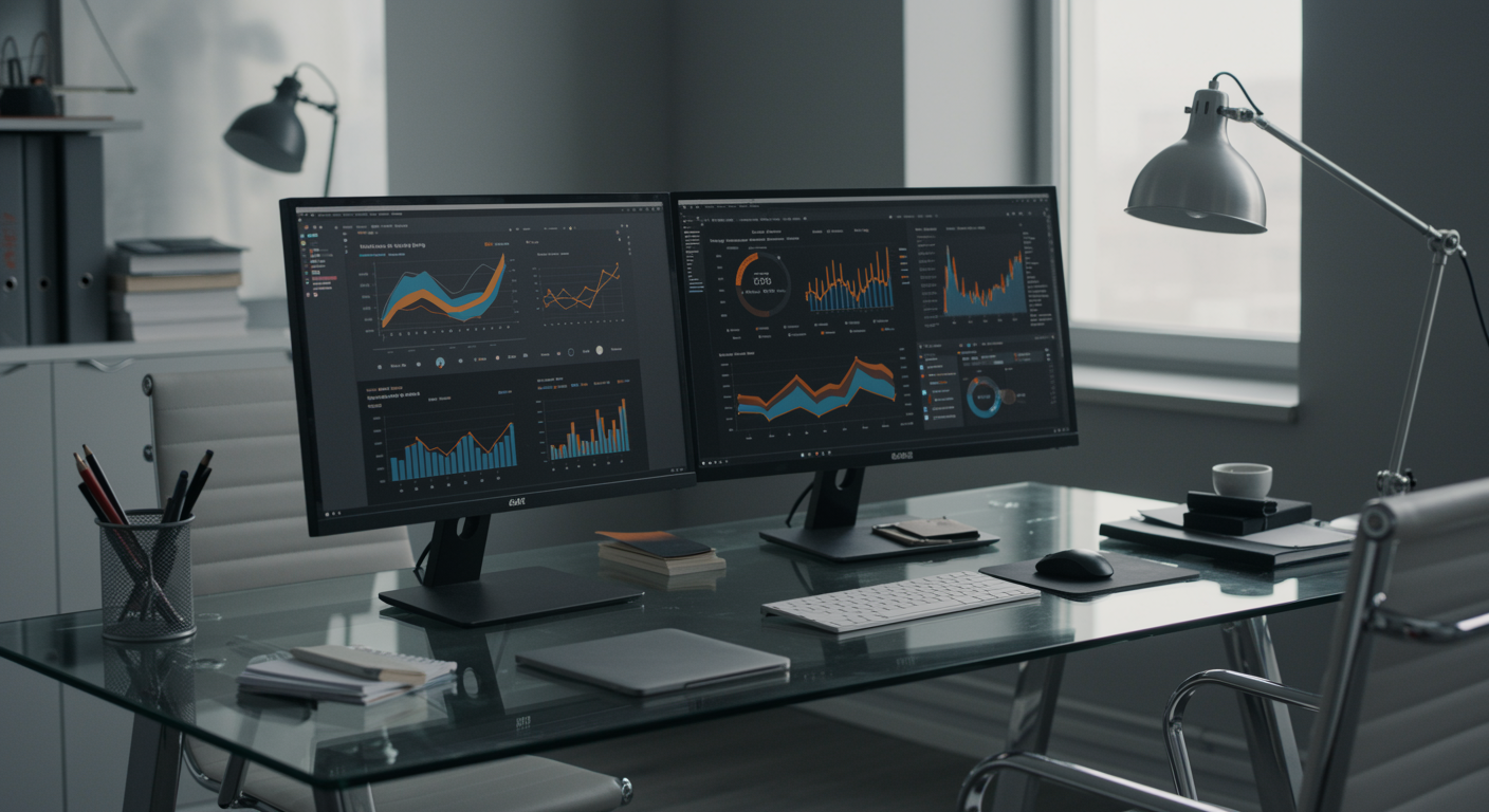 modern lead generation agency workspace showing data dashboards and marketing analytics in an organized professional setting