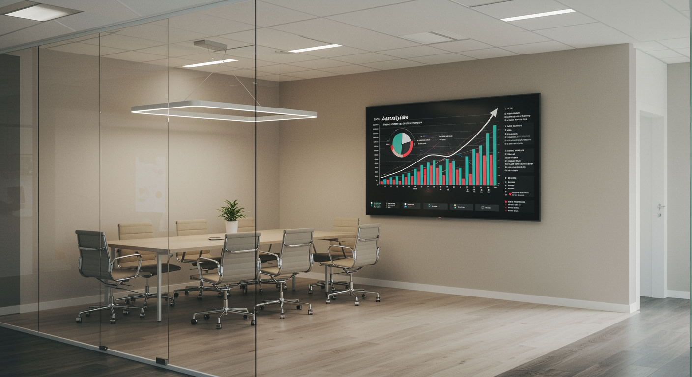 modern office space with digital analytics display representing expert lead generation and SEO marketing services