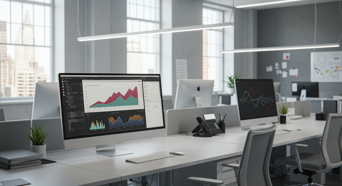 Contemporary office setup for lead generation marketing agency with digital dashboard showing increased leads and SEO results, no people