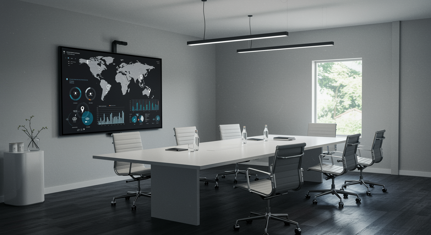 Modern marketing agency conference room with digital dashboard showing Google My Business analytics and location pins