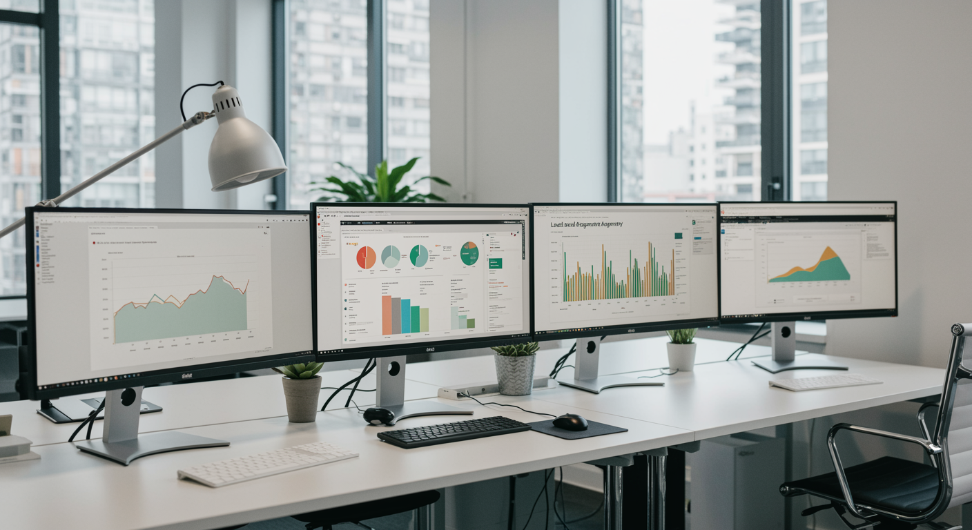 Bright modern marketing agency office with computer monitors showing lead generation analytics and natural accents, demonstrating a professional environment for Answer Engine Optimization Services