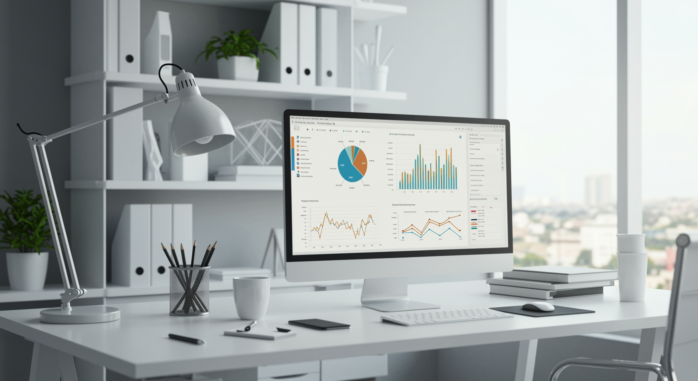 Modern lead generation agency workspace featuring a computer monitor with a digital analytics dashboard, organized desk, and natural lighting for a professional marketing services environment