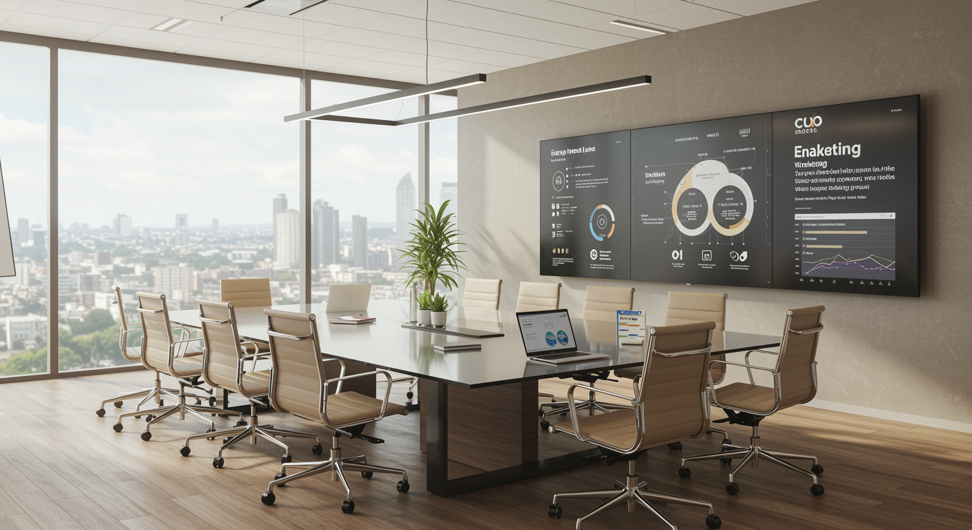 Modern marketing agency conference room with digital screens displaying lead generation analytics, natural lighting and professional atmosphere