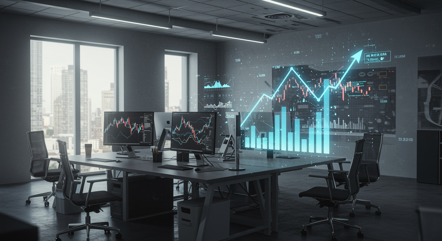 Modern lead generation marketing agency office with digital screens showing positive analytics and a clean, professional workspace