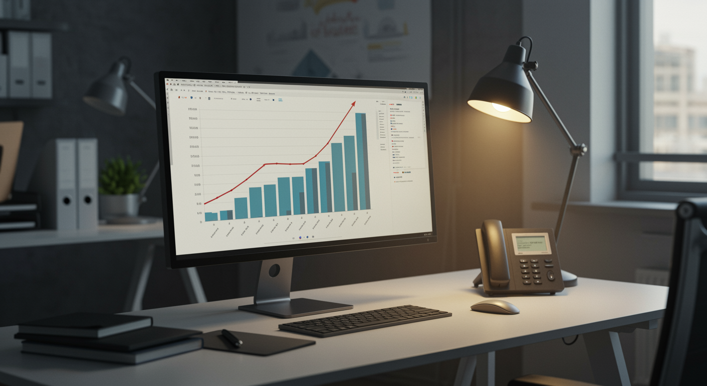 Modern marketing agency office workspace with a computer showing rising web leads, representing lead generation and local SEO services