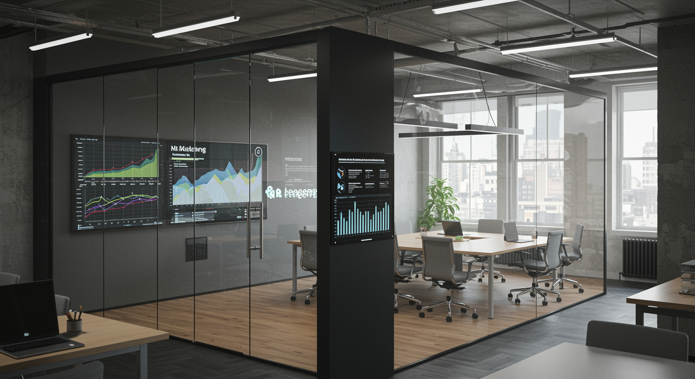 Contemporary lead generation marketing agency office with digital dashboards and modern meeting space, representing professional lead generation and SEO services