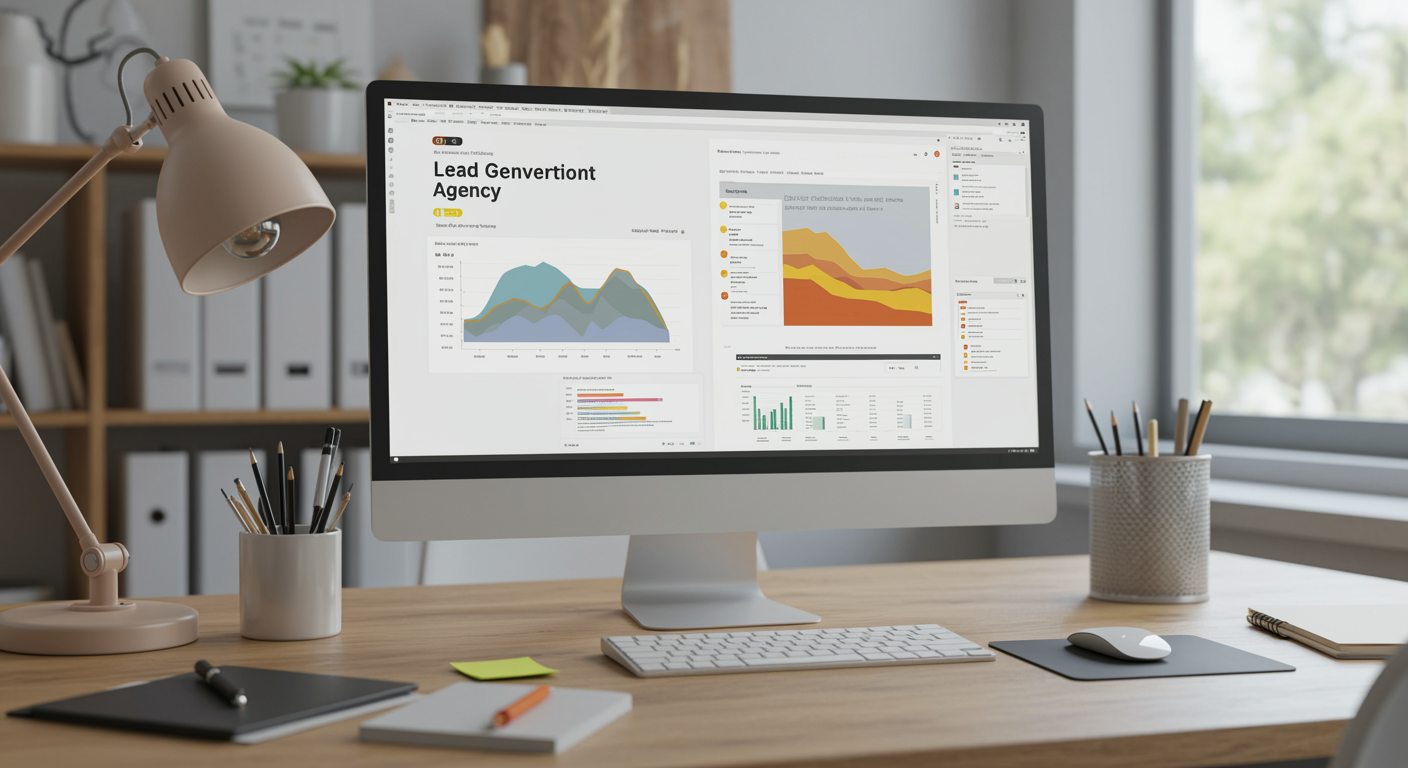 Lead generation marketing agency office with computer monitor showing pay per click advertising results in a clean, organized workspace