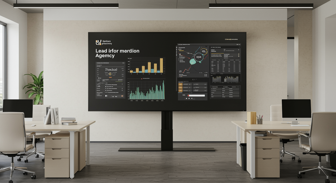 Modern lead generation marketing agency office featuring digital dashboard and organized workspaces