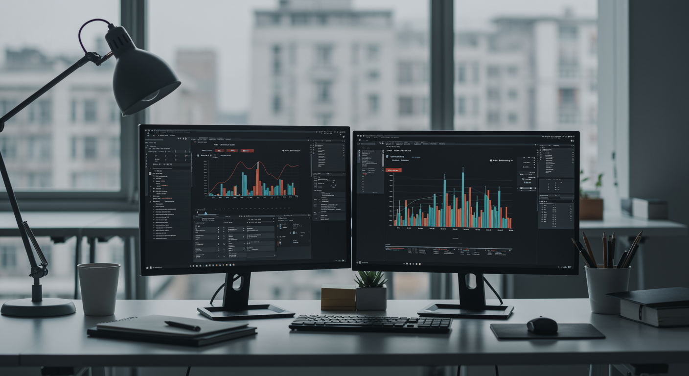 Modern marketing agency workspace with computer screens showing lead generation analytics in a professional office, no people