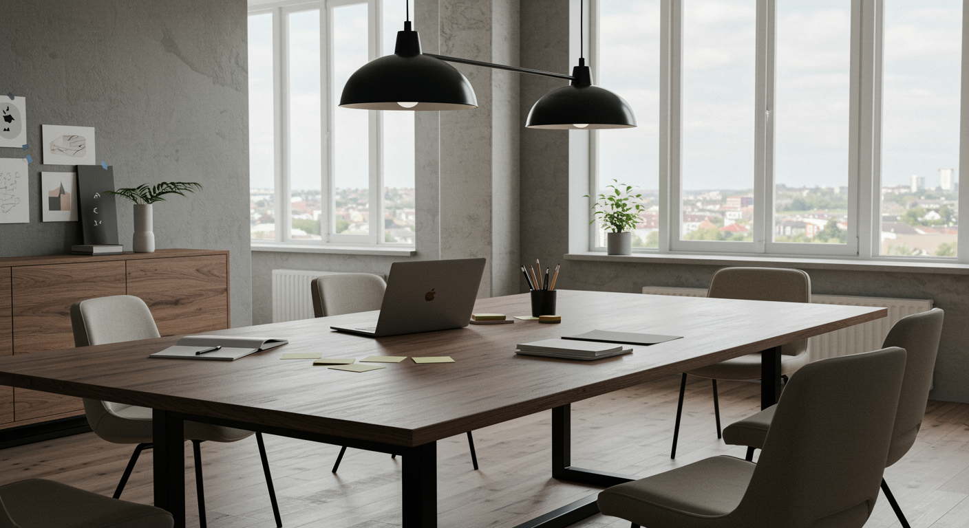 Modern marketing agency workspace with laptop and notepads for content writing, featuring natural light and warm professional tones