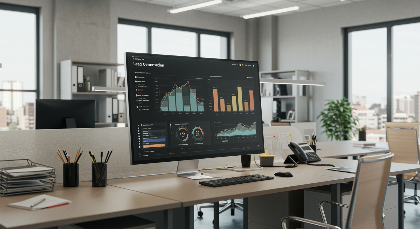 Modern office workspace with digital dashboard showcasing lead generation results for a marketing agency
