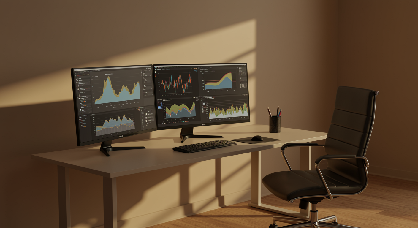 Modern lead generation marketing agency workspace with dual monitors showing analytics, ergonomic desk setup, warm neutral tones
