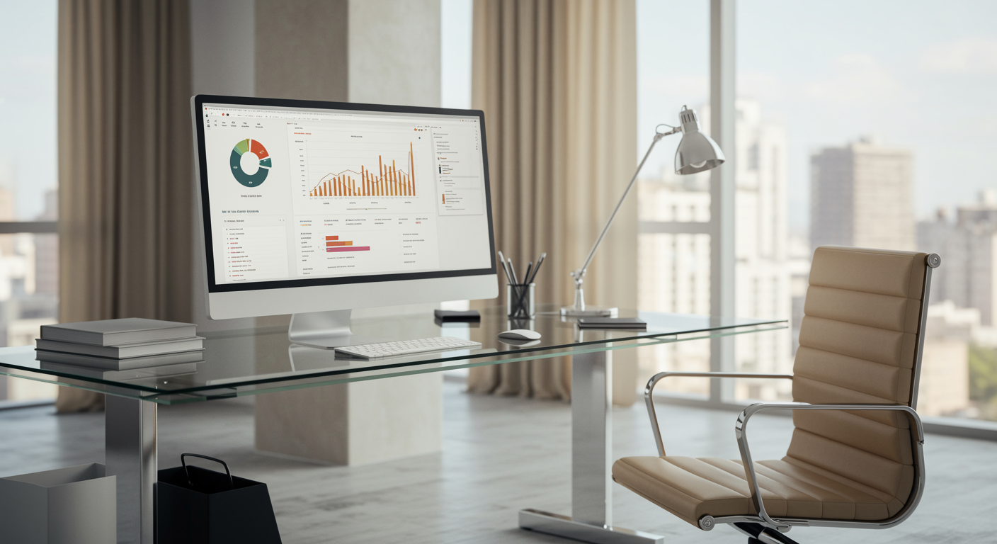 Modern office setup with computer monitor showing website analytics dashboard for lead generation marketing agency
