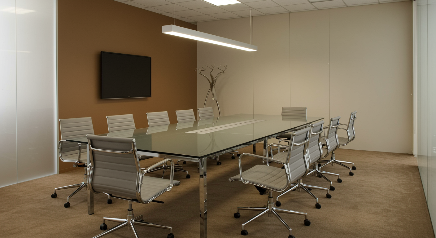 Modern conference room with glass table and professional design representing pay per click advertising services for a lead generation marketing agency