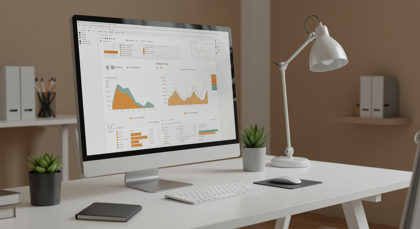 Modern web design and development office workspace for lead generation marketing agency with computer and analytics on screen